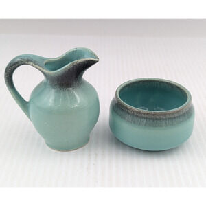 Vintage Gouda Pottery Holland Mini Pitcher Creamer Open Sugar Bowl Green Glaze